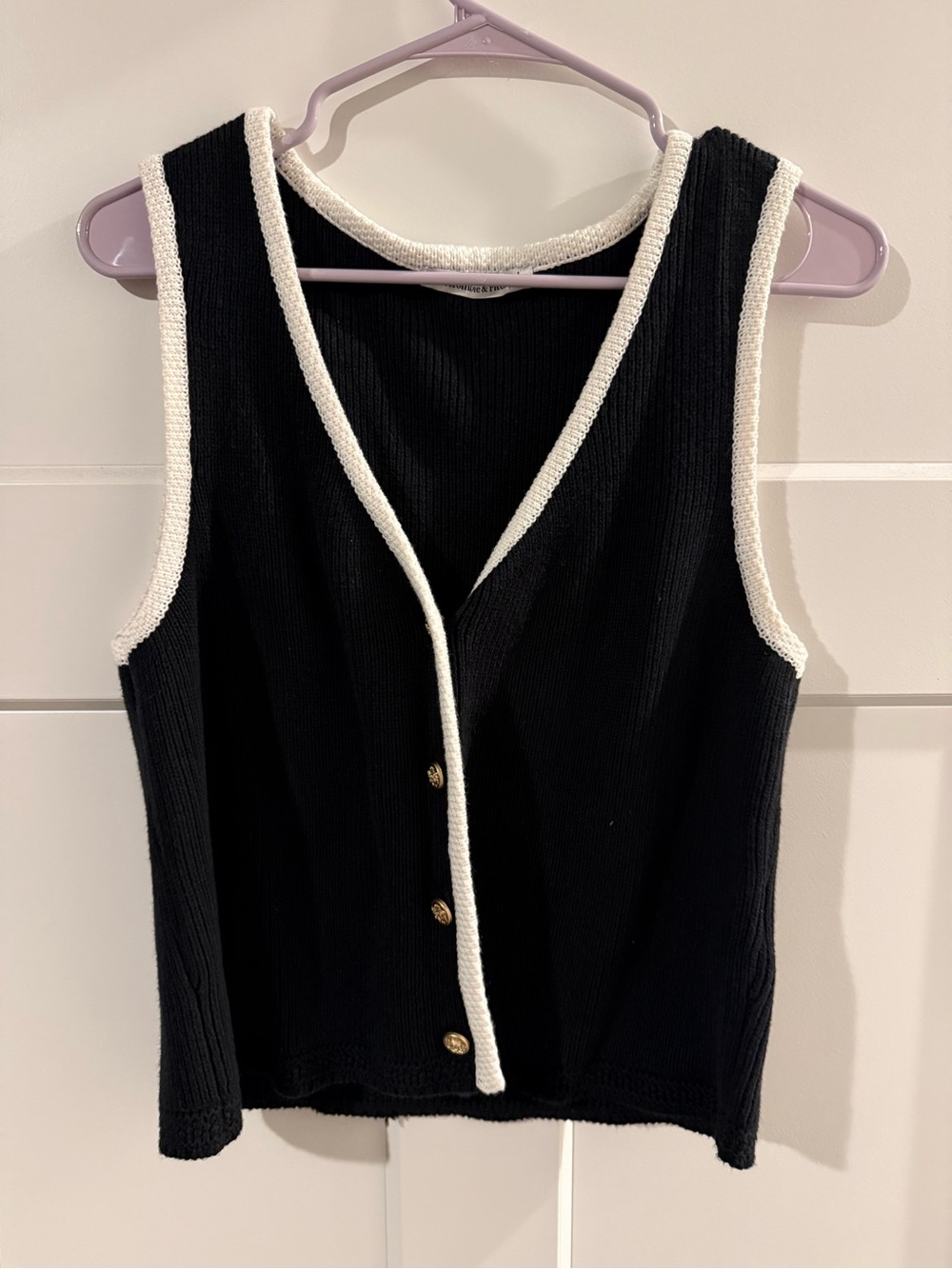 Abercrombie and Fitch Black Knit Sleeveless Button Vest with White Trim and Gold